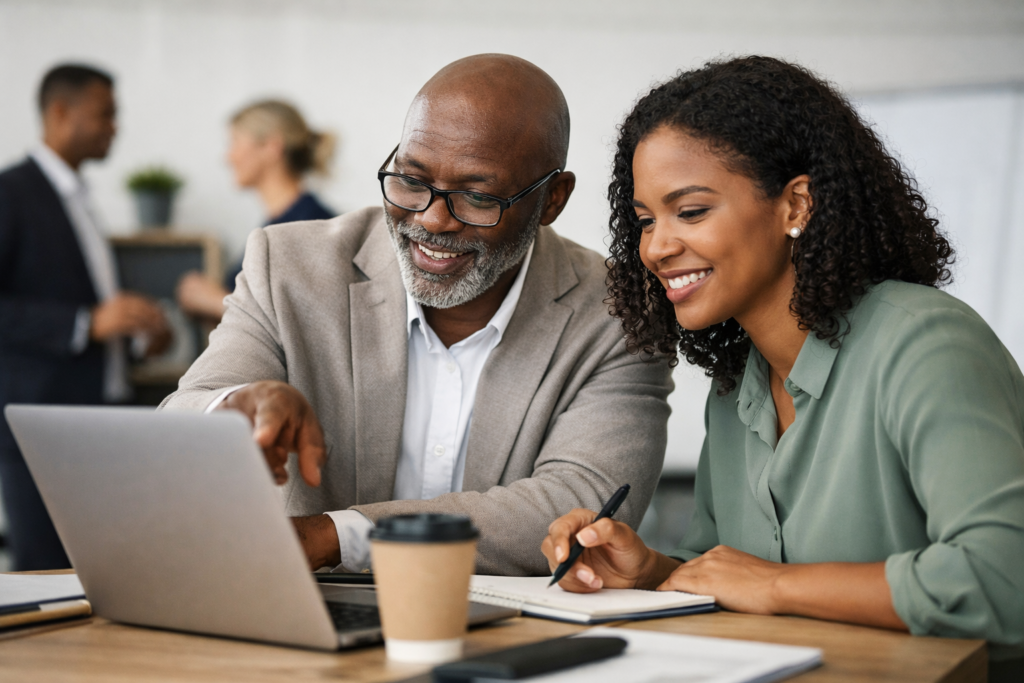 mentor guiding mentee in office