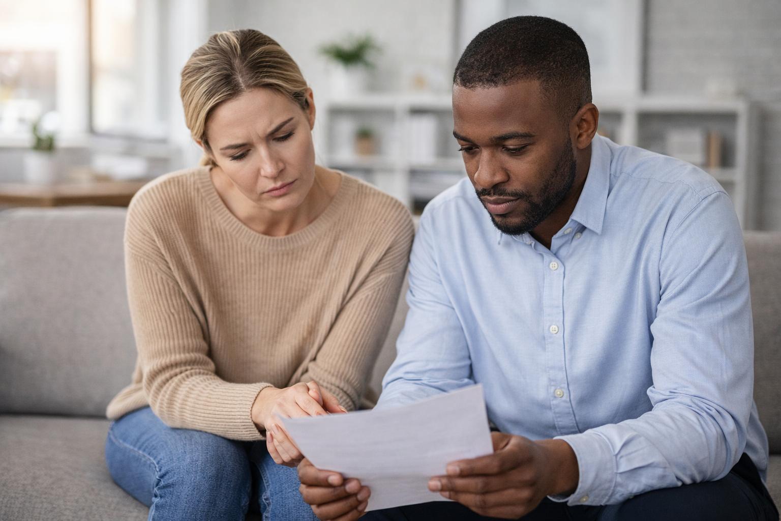 reviewing documents together on the couch